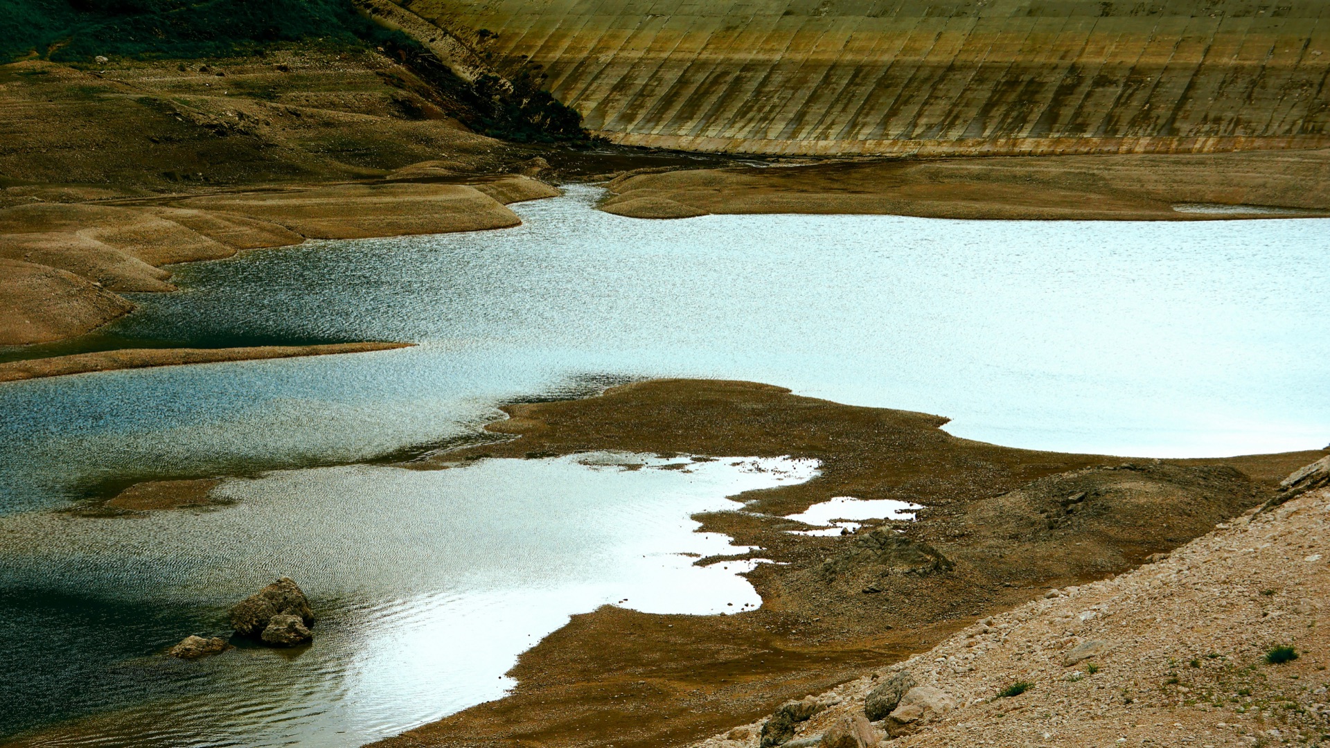 A reservoir at low water below a large embankment dam, with exposed banks and bed.